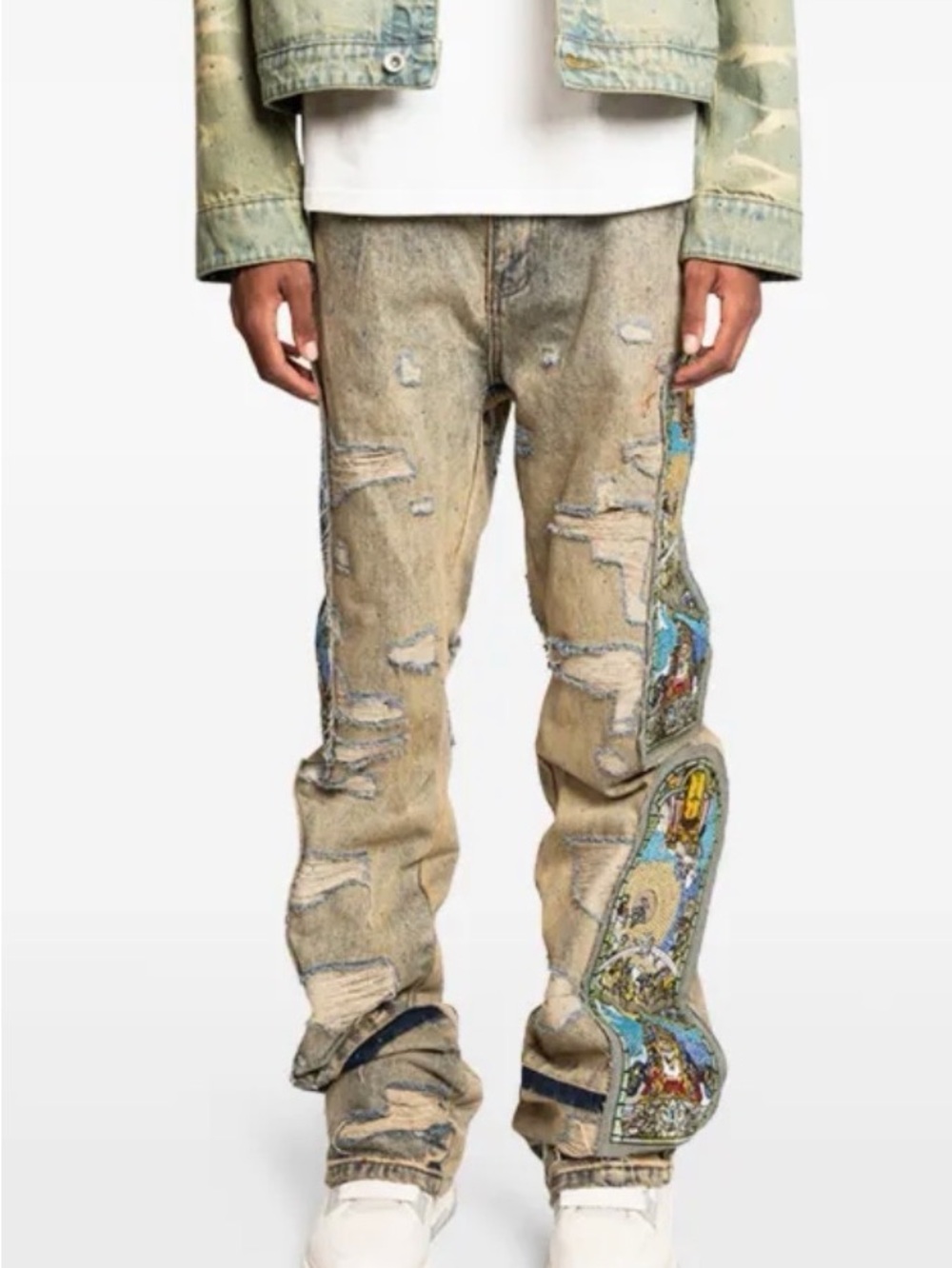 Men's Beige Distressed Straight Jeans with Side Embroidery